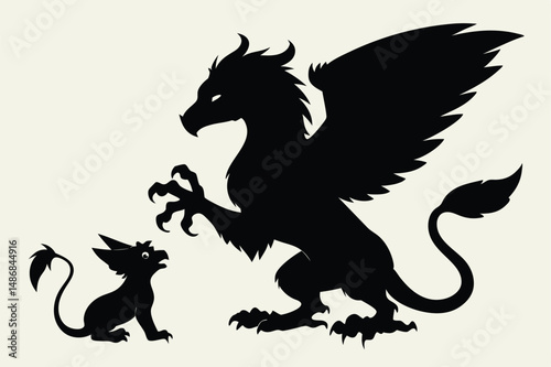 Mythical Encounter: Griffin and Dragon at Play in Silhouette