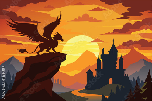 Majestic Griffin Silhouette Perched Atop an Ancient Castle Tower
