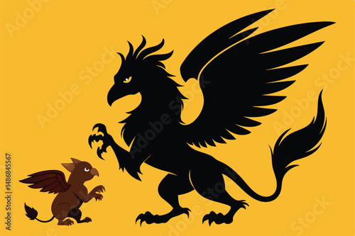 Mythical Encounter: A Griffin and a Baby Phoeni Cross Paths in Silhouette