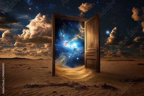 Mystical doorway a desert opening to the multiverse sand lifting into galaxies as dimensions align featuring surreal fantasy