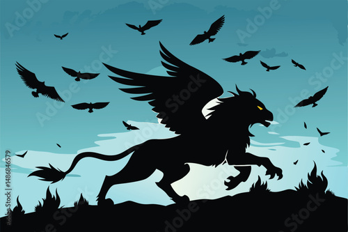 Silhouette of a Griffin Racing a Flock of Birds in Cinematic Mid-Air Combat
