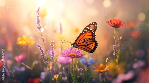 Butterfly on colorful flowers