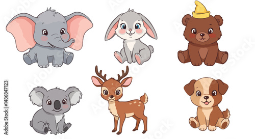 This delightful image showcases six adorable cartoon animals including an elephant, rabbit, bear, koala, deer, and puppy.