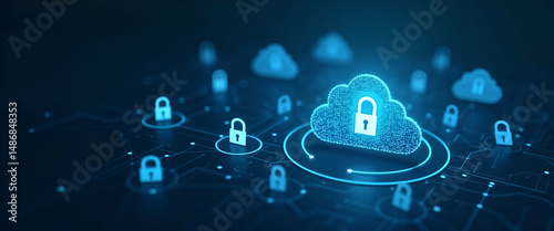 Photo Realistic Vector Icons of Cloud Computing Security: Shield and Lock Symbols Representing Data Protection and Secure Cloud Services in Stock Concept