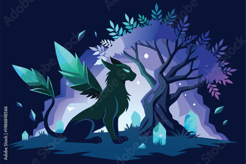 Silhouette of a Griffin Reposing Beneath the Canopy of a Majestic Tree