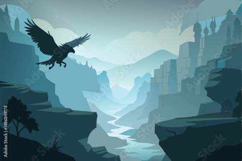 Majestic Griffin Soaring Over a Majestic Canyon Silhouette at Sunset