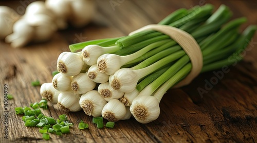 Fresh Garlic Scapes on Wood.