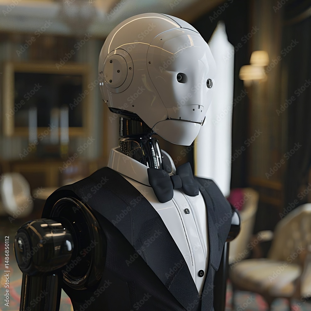 Fototapeta premium A humanoid robot in a black tuxedo stands in an elegant room, its tilted head conveying curiosity or attention.