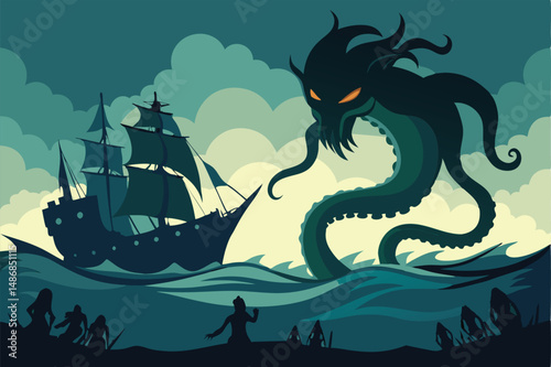 Menacing Kraken Lurks Beneath Ship's Hull in Silhouetted Terror