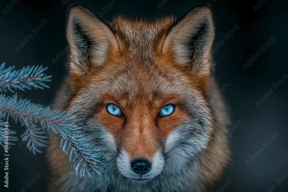 Fototapeta premium Majestic Red Fox Portrait Mystical Forest Blue Eyes Winter Wildlife