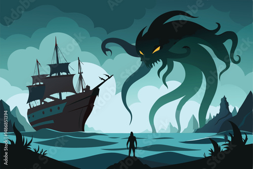 Eerie Shadow of a Lurking Kraken Beneath a Helpless Ship