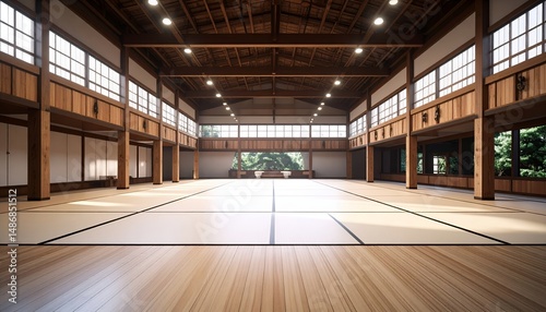 Interior view of a traditional Japanese dojo with tatami mats, wooden beams, and natural light, creating a serene and spacious training environment