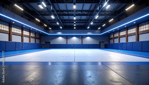 Interior view of a modern martial arts training hall with blue and white mats, padded walls, and excellent lighting system suitable for judo or jiu-jitsu.