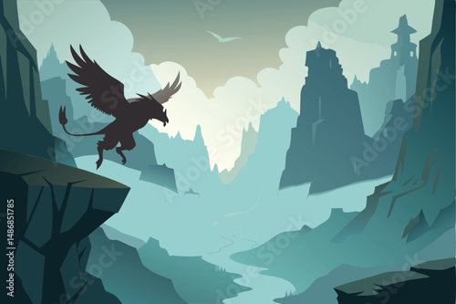 Majestic Griffin Silhouette Soaring through a Dramatic Canyon