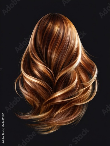 Voluminous Wavy Reddish-Brown Hair With Blonde Highlights Shiny Against Dark Background Haircare And Salon Concept