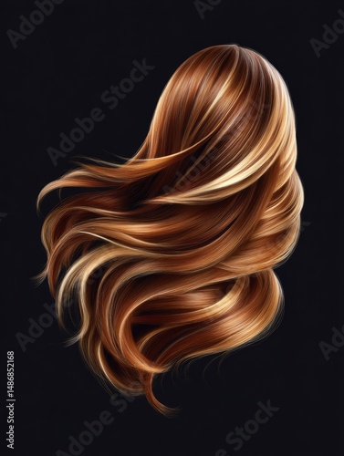 Voluminous Wavy Reddish-Brown Hair With Blonde Highlights Shiny Against Dark Background Haircare And Salon Concept