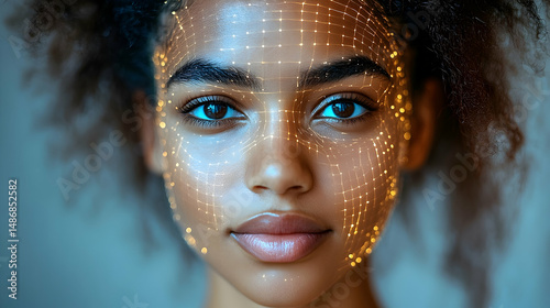 Futuristic face scan portrait young woman with digital overlay