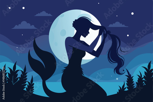 Serene Silhouette of a Mermaid Adorning Her Locks Beneath the Sea