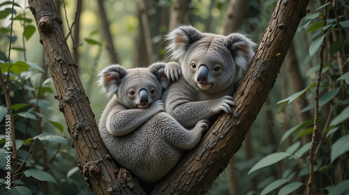 koala mama con sus dos cachorros descansando sobre las ramas de los arboles en la selva o en la jungla en la naturaleza