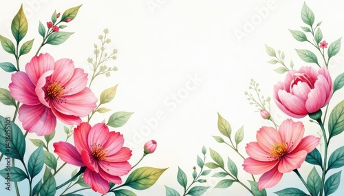 Vibrant watercolour floral painting, delicate blooms and lush leaves , leaves, red, romantic