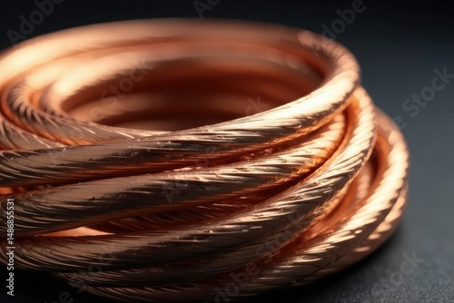 Close-up of a copper coil, showcasing intricate windings and metallic sheen , spiral, solenoid