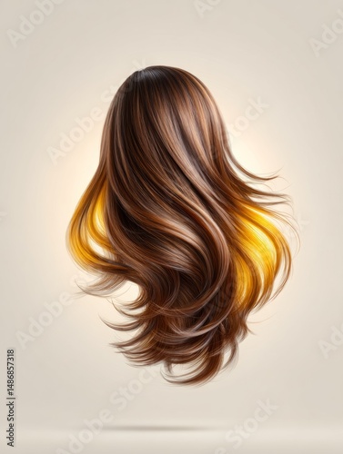Voluminous Wavy Reddish-Brown Hair With Blonde Highlights Shiny Against Dark Background Haircare And Salon Concept