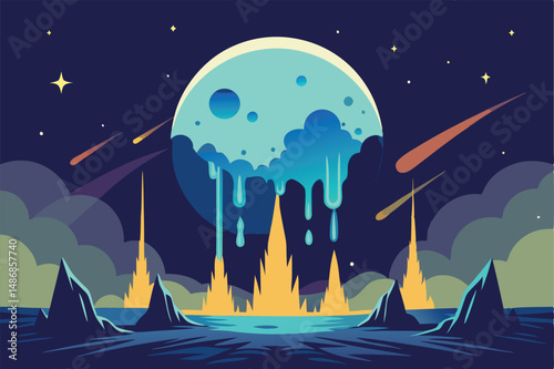 Glowing Geysers Erupting in the Shadow of a Moonlit Silhouette