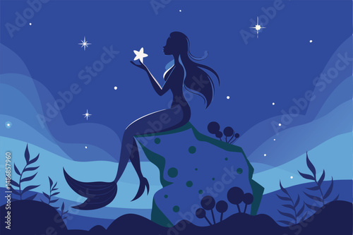 Serene Mermaid Silhouette Melodiously Singing on a Coastal Outcropping
