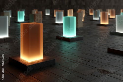 Glowing neon pillar, rusted floor, photorealistic, modern, geometric, illuminated, abstract art