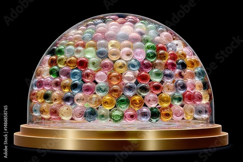 Levitating glass marbles form colorful planetarium dome on golden base, creating vibrant and playful display