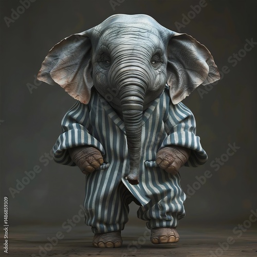 An upright elephant in striped pajamas stands confidently, its large ears and trunk visible, gazing directly at the viewer. photo