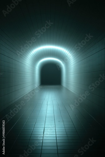 Neon grid tunnel receding darkness photorealistic glowing futuristic mysterious empty