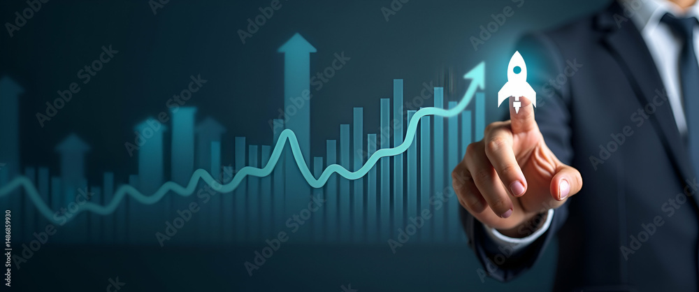 Obraz premium Touch virtual rocket icon up arrow push new startup forward accelerate strategic plan secure business growth innovation fosters success concept as Businessman highlights rocket symbol quick upward mot