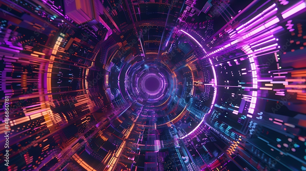 Obraz premium Abstract Digital Tunnel With Neon Colors Light Glowing Futuristic Design