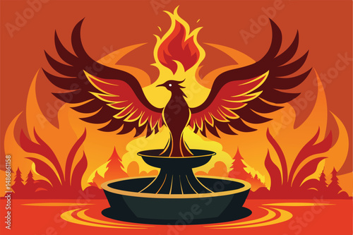 Mystical Phoenix Soaring Gracefully Amid Fountain's Enchanting Mist