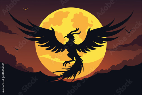 Celestial Symbolism: Nighttime Silhouette of a Phoenix Soaring around a Full Moon