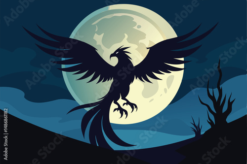 Silhouette of a Phoenix Soaring Beneath a Full Moon's Embrace