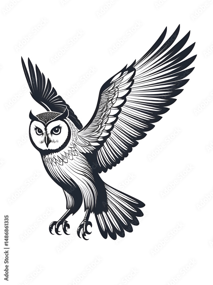 Obraz premium Simplified owl in flight silhouette with sweeping wing lines, rounded head, and curved body, set against a solid white background. Strong contrast, focus on form and symmetry, no textures,