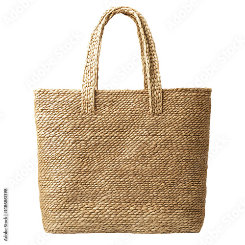Natural Straw Tote Bag with an Organic Handwoven Te Isolated on Transparent Background