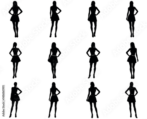 vector silhouettes of women, A bundle of Minimal black silhouette of  womans in a short wrap dress, standing with different posess vector illustration