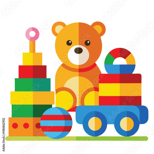 a collection of colorful children's toys, including a teddy bear, truck, stacking rings, and a small train
 with white background.