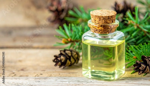 Clear bottle of oil with cork stopper and pine cones on a wooden surface