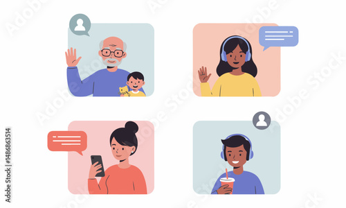 A collection of four flat vector illustrations depicting diverse individuals engaged in online video calls, shown in square frames with speech bubbles and profile icons.