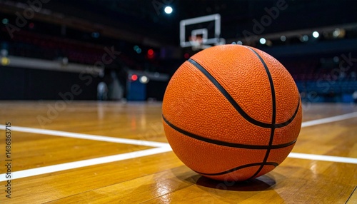 Close up of an orange basketball on a wooden court with a hoop in the back