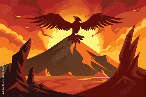 Majestic Phoenix Soaring in the Shadow of an Erupting Volcano