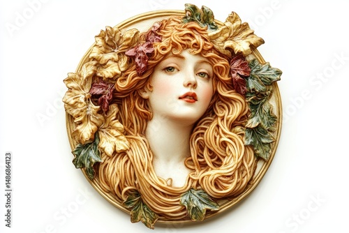 Autumnal maiden sculpted relief, leaves adorn hair