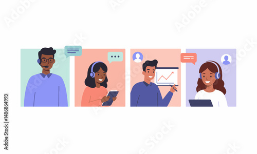 Diverse Team Online Meeting Illustrations. with avatars, speech bubbles, and a shared presentation screen.