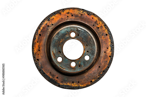 Old rusty brake disc from car isolated on transparent background
