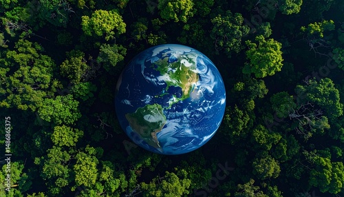Aerial view of earth globe surrounded by green trees in a dense forest area