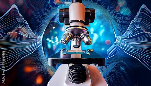 A microscope with three lenses against a blue and orange abstract background